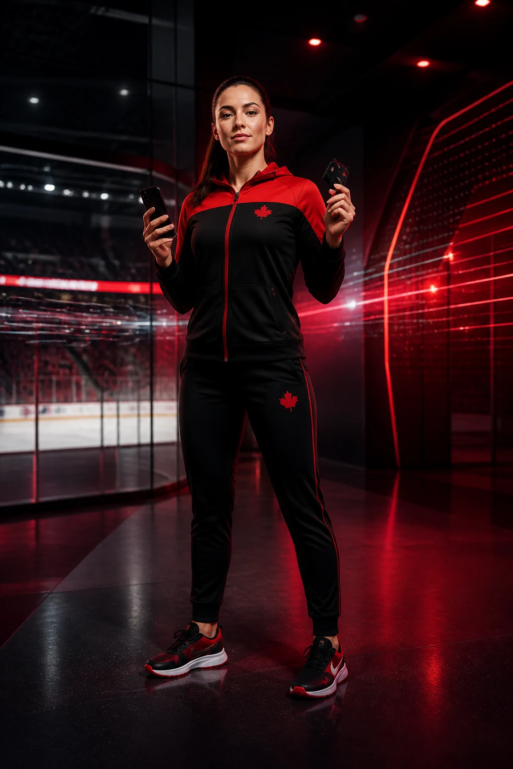Canadian hockey athlete using a phone and payment card