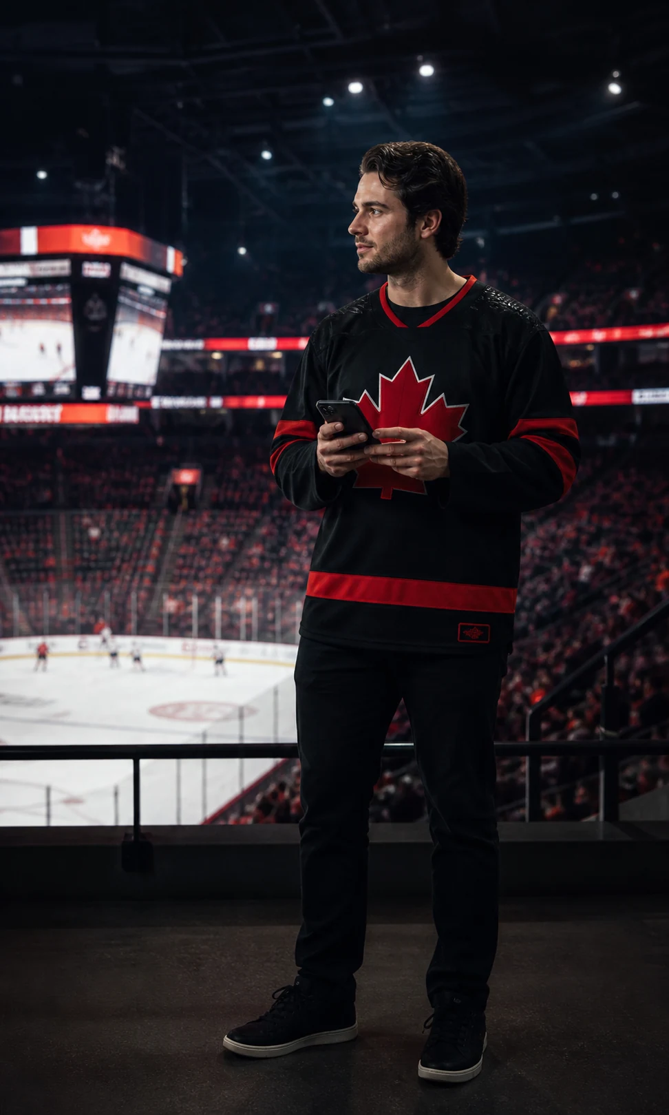 Canadian hockey fan fully visible while comparing betting markets on a phone