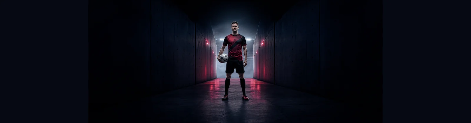 Football player standing full length in an arena tunnel